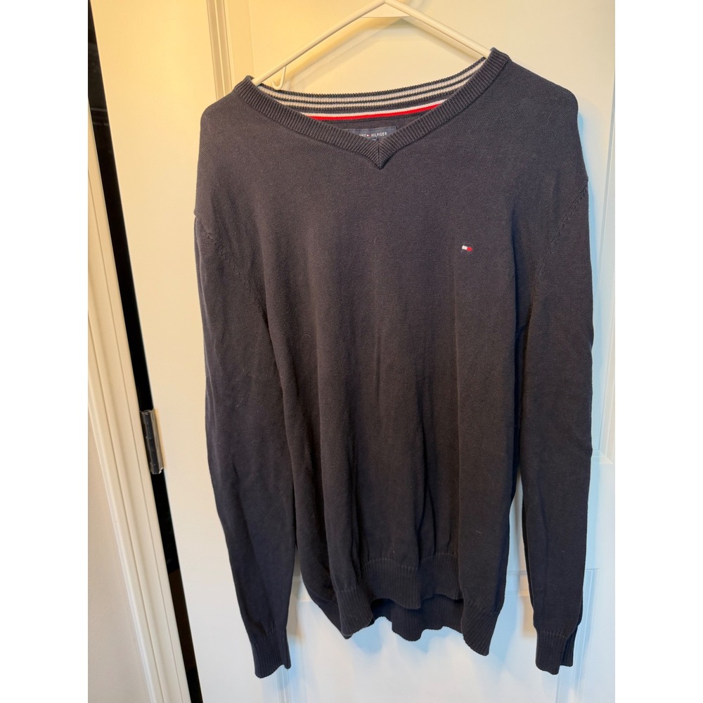 Tommy Hilfiger Mens Navy Blue V-Neck Sweater Size Large Flag Logo Preppy Knit